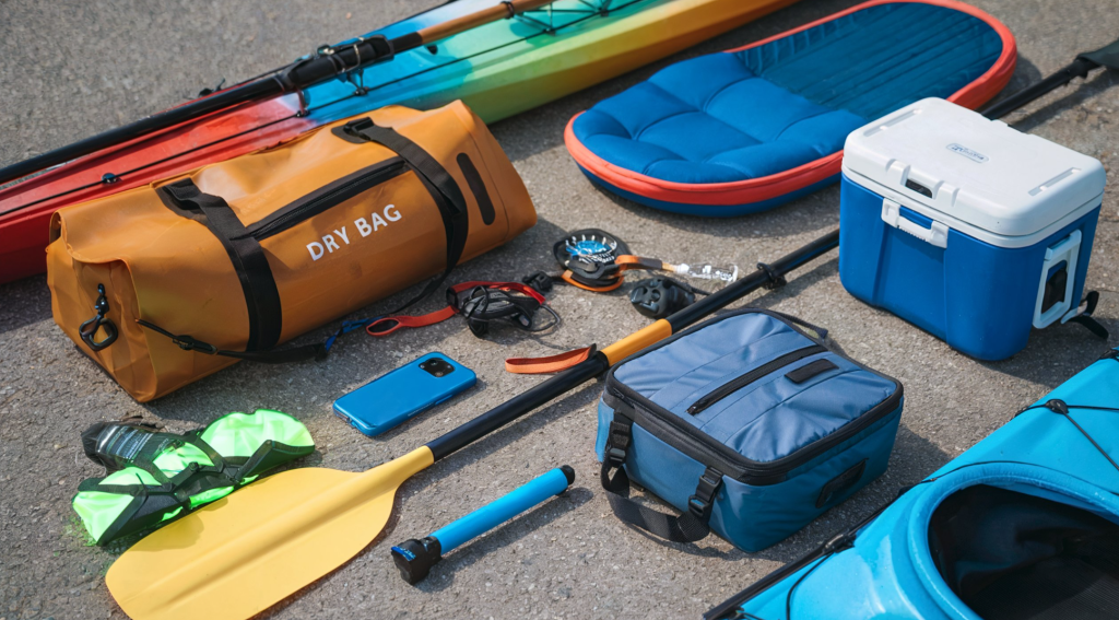 A photo of a variety of kayaking accessories. There's a dry bag, a paddle leash, a waterproof phone case, a kayak seat cushion, a portable waterproof speaker, a collapsible cooler, a fishing rod holder, a hydration pack, a sunshade or kayak canopy, LED lights or glow sticks, and a kayak deck compass. The accessories are arranged on the ground.