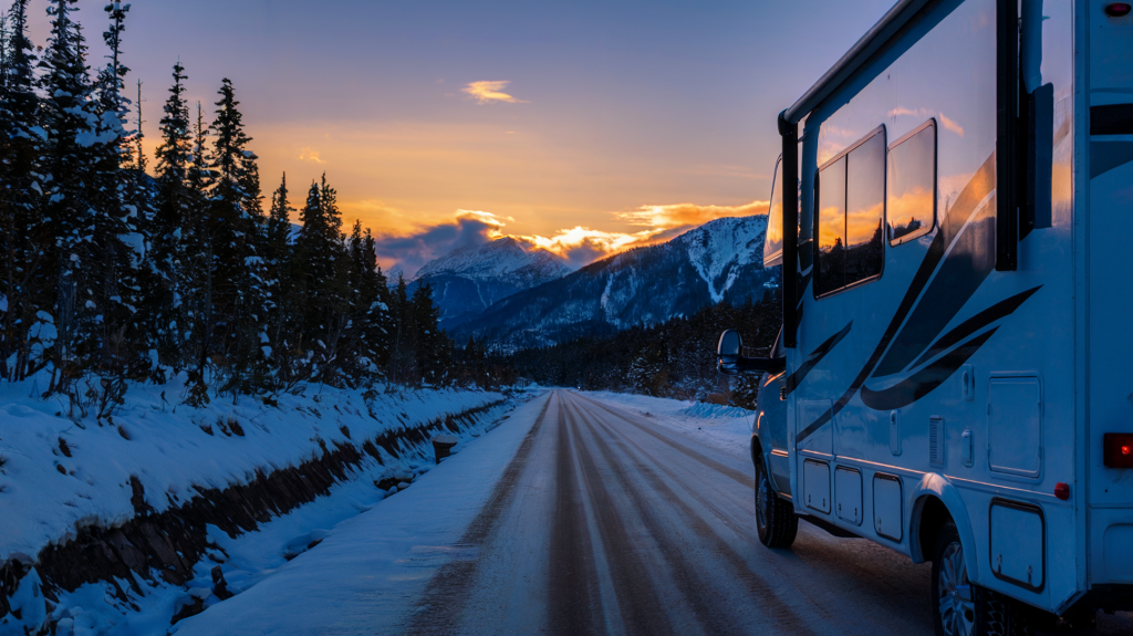 A photo of a side view of an RV driving on a snowy mountain single-lane road towards the evening. The RV is driving into the dusk, with the sun setting behind the mountains. The road is lined with tall trees covered in snow. There is a ditch on the left side of the road, filled with snow. The sky is orange and purple.