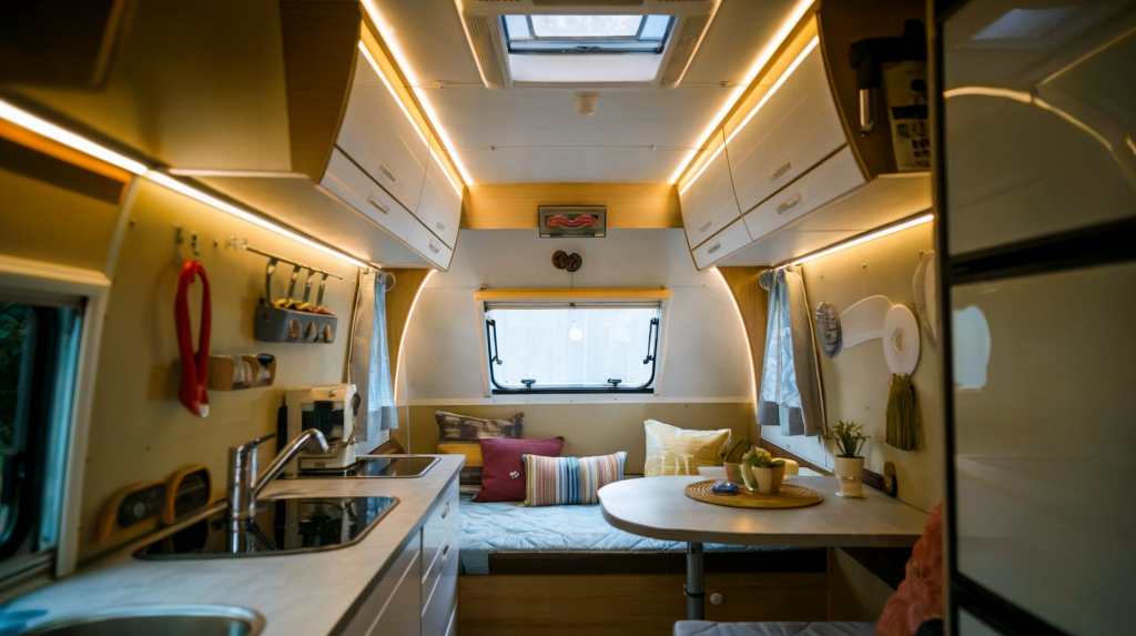 A photo of the inside of an RV with energy-efficient LED lighting. The lighting illuminates the cozy living space.