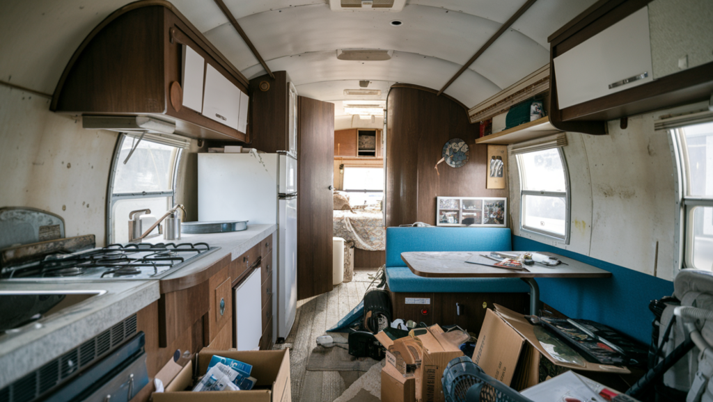 A photo of the interior of an older RV that is being prepped for renovation. The RV has a vintage style with wood paneling and a curved ceiling. There is a small kitchen area with a stove and a refrigerator. The living area has a sofa and a table. The floor is covered with clutter, including boxes, tools, and various items. The walls have some damage.