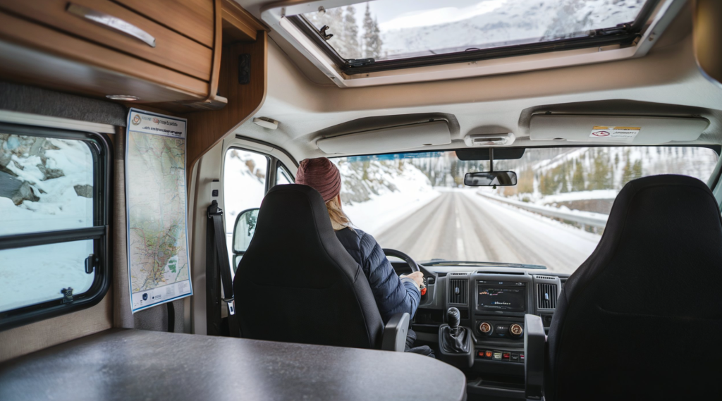 A photo of the inside of an RV. The driver is looking out the windshield at a snowy mountain road. 