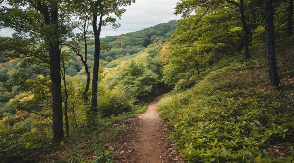 A photo of the Appalachian Trail in the Eastern United States. The trail is a narrow dirt path through a dense forest. There are trees on both sides of the trail, and the forest is lush with greenery. The ground is covered with leaves. The sky is overcast.