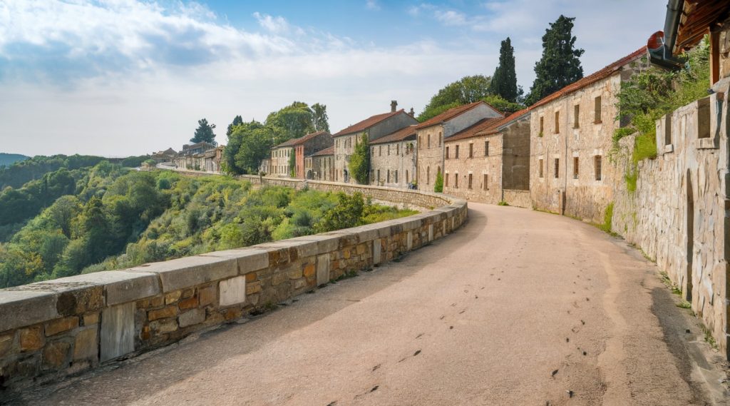 A photo of the Camino de Santiago in Spain. The photo shows a long, winding road lined with stone buildings and greenery. The buildings have red roofs and are in various states of repair. The road is wide and well-traveled, with footprints leading into the distance. The ground is covered with small stones. The sky is clear, with a few clouds.