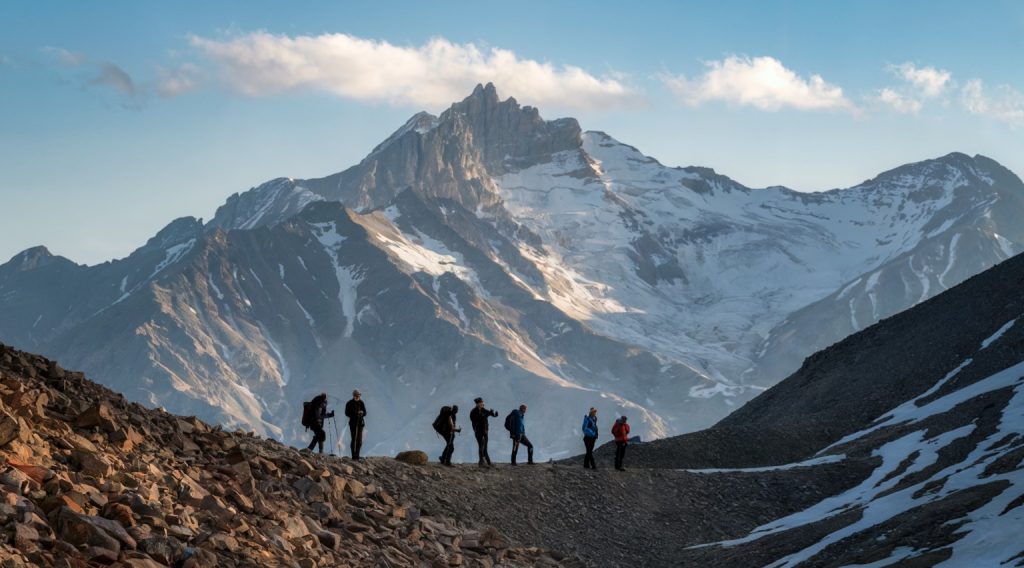 A photo of a group of hikers on the Haute Route hiking trail. They are standing on a rocky terrain with a clear view of the mountains in the background. The mountains are covered with snow and have a few rocky peaks. The sky is clear with a few clouds.