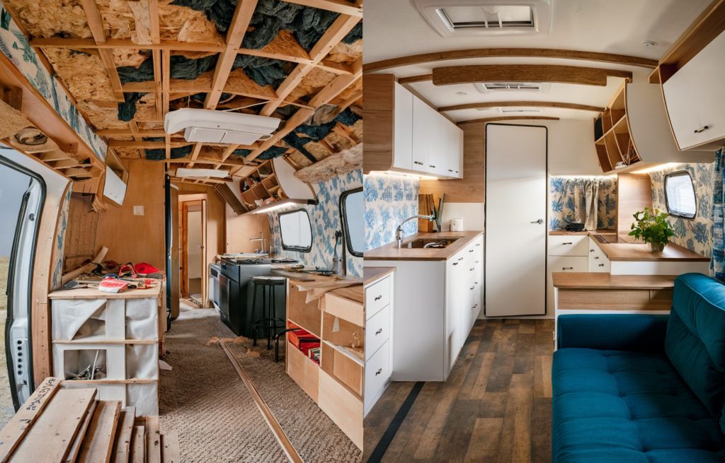 an RV, before and after renovation. On the left, the space is unfinished with exposed wooden beams, insulation, and various tools and materials scattered around. On the right, the space has been transformed into a cozy kitchen area with white cabinetry, a built-in sink, a wooden countertop, and a dining area with a table and chairs. The walls have been adorned with a blue and white patterned wallpaper, and there's a comfortable blue couch in the foreground.