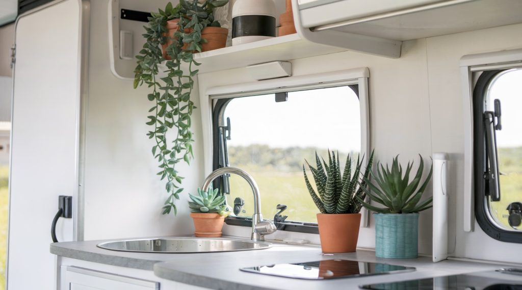 RV interior decor featuring low-maintenance plants like succulents and faux greenery for a pop of color. Wall-mounted planters or small potted plants on counters add a refreshing, natural element and spread the constant joy of nature that we are all exploring in our RV.