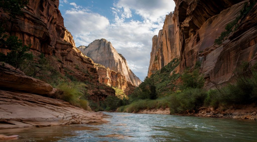 A photo of The Narrows in Utah's Zion National Park. The photo is taken from a lower perspective, looking up at the narrow canyon walls. The walls are covered in greenery and have a few visible rock formations. The river running through the canyon is clear and turquoise. The sky is partly cloudy, with some visible clouds.