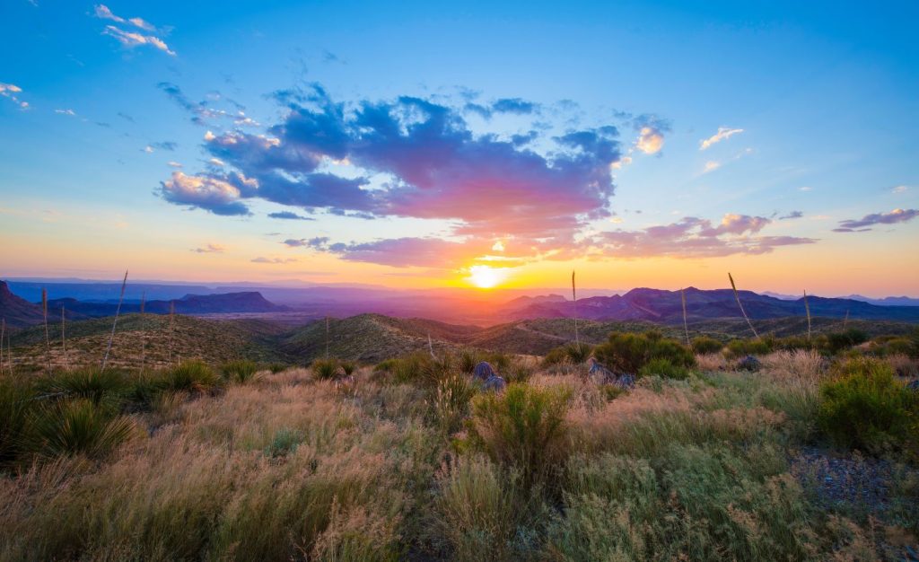 Stunning sunset at Big Bend National Park in Texas, a great place for warm winter camping.