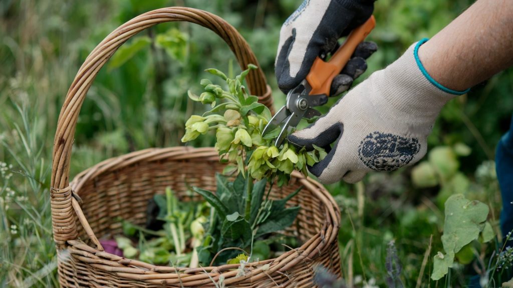 A photo of gloved hands harvesting edible plants with a snipper while foraging. There is a basket on the ground to collect the harvest. The background is filled with greenery.