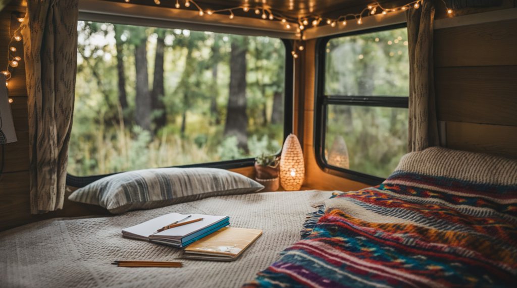 An intimate and cozy setting inside an RV. The room is adorned with wooden walls, a large window that offers a serene view of a forest, and fairy lights strung above. A comfortable bed with a colorful patterned blanket is positioned near the window. On the bed, there's a notebook, a reading lamp, and a few pencils. The room exudes a sense of tranquility and adventure, suggesting a peaceful getaway in nature.