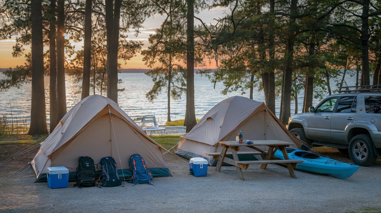 A scene of a tranquil body of water at sunset in Gulf Shores, Alabama, a perfect place for warm weather winter camping.