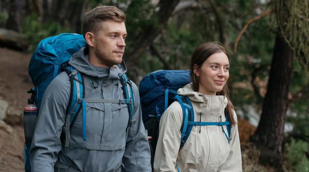 A man and a woman hiking with lightweight backpack and lightweight clothing. He is wearing a grey jacket, she's wearing beige. 