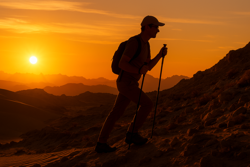 A hiker in an extremely arid environment.