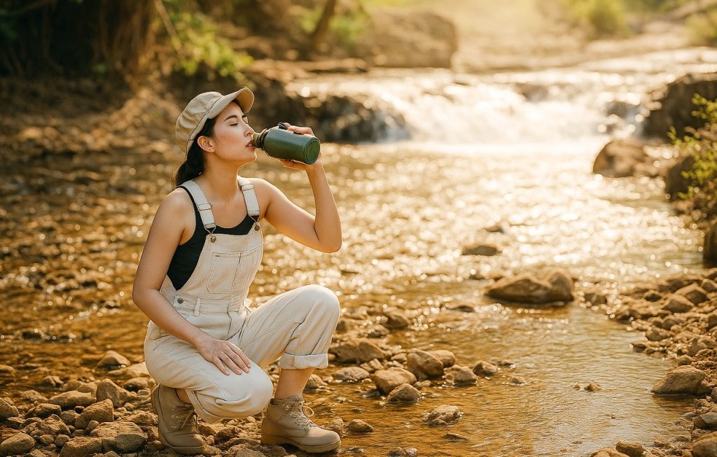 image of an Asian woman filling her water bottle with safe drinking water from a stream