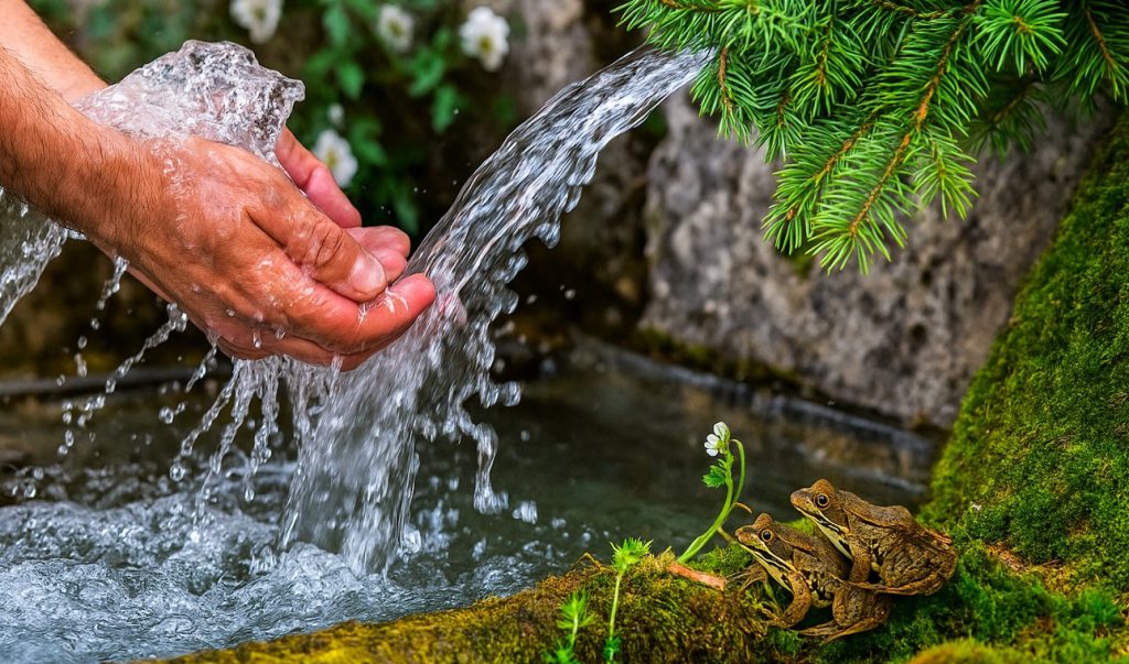 Two frogs next to a man's hands collecting water at a good water source.