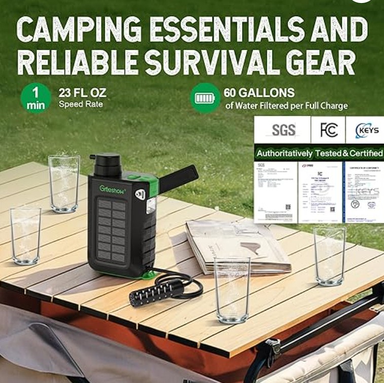 Greeshow solar water filter camping essentials and survival gear.
