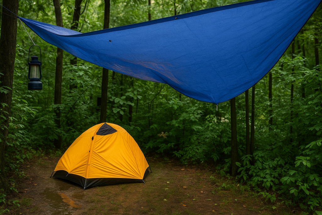 A blue tarp strung between two trees above a yellow tent for rainwater collection.