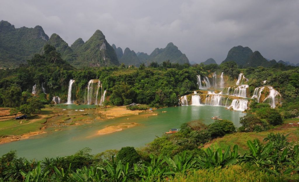 Ban Gioc-Detian seen from a distance, bordering Vietnam and China with spiky mountain peaks in the distance.
