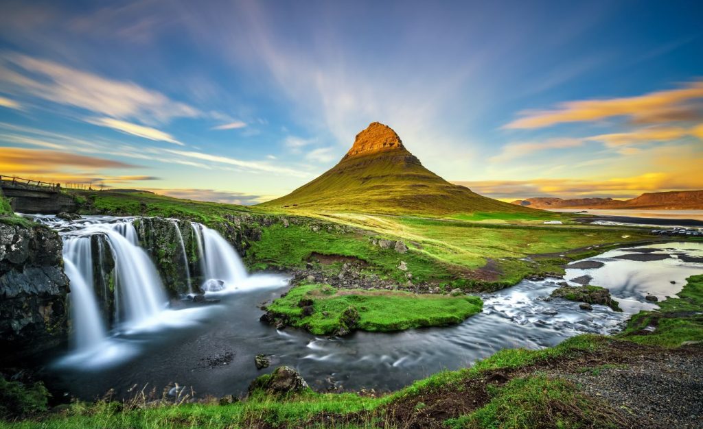 Sunset over Kirkjufellsfoss Waterfall in Iceland