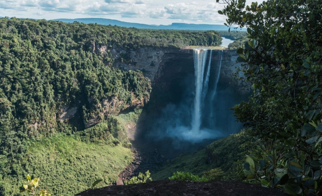 The Kaieteur Falls in Guyana seen from above with the 741-foot drop into the rainforest gorge surrounding it.