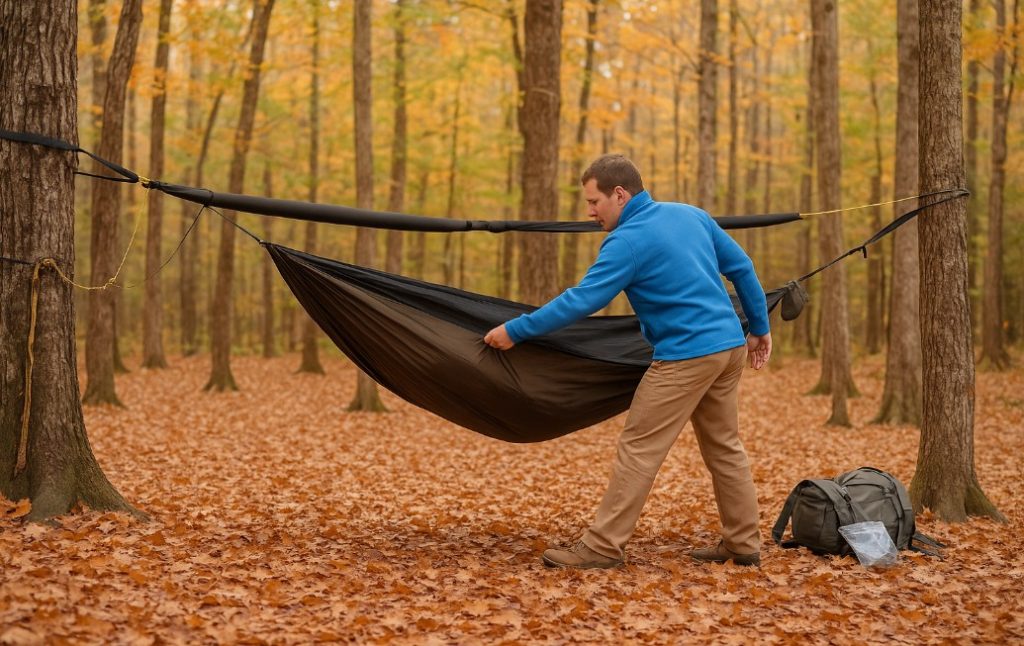 A man in a blue fleece jacket is seen setting up a hammock for camping in an autumn forest.